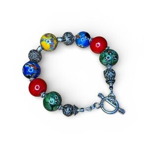Millefiori Beaded Bracelet on Sterling Silver 7.5’